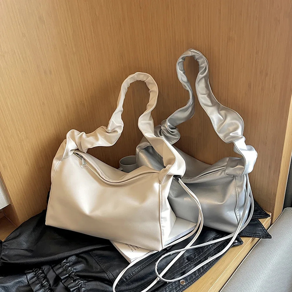 Womens top handle handbag with pleated handles fashionable underwear bag personalized solid color PU leather simple handbag wallet 250402