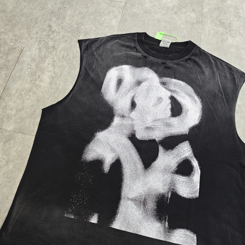 Yao888 fashion trend art print casual loose retro tank oversized mens top retro street style sleeveless mens vest 250402