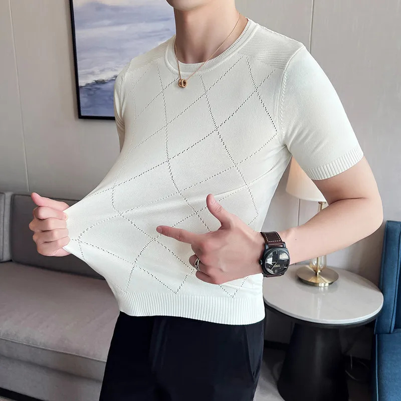 Summer silk breathable short sleeved knitted T-shirt mens round neck slim fit casual elastic T-shirt mens 3XL-M 250403