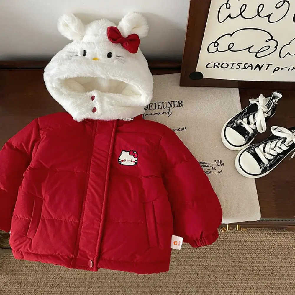 Sanrio Hello Kitty New Cute Red Coat Girls Autumn Winter College Style Cotton Jacket Plush Hooded Y2K Japanese Style Zipper Tops H251104
