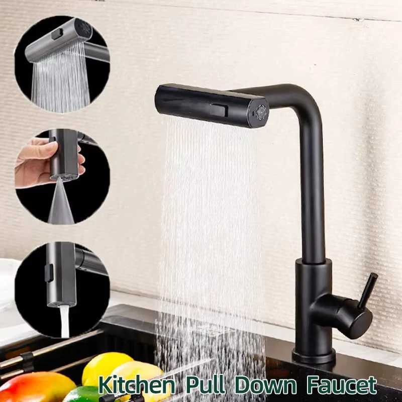 Black/Gray/Silver Pl-Out Kitchen Faucet Three Water Stream Sprayer Stainless Steel Hot and Cold Water Mixing Faucet Countertop Y251104