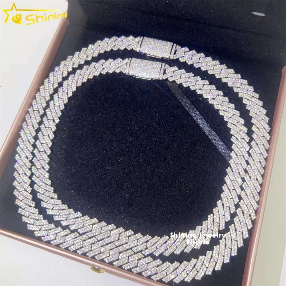 Custom Bling 925 Sterling Silver Miami Cuban Link 13mm Width Moissanite Cuban Chain Necklace
