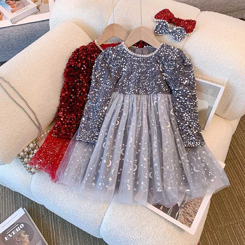 2024Girls Autumn and Winter Fleece-lined Princess Fashionable Sequins New Years Day Performance Costume Evening Dress C251104