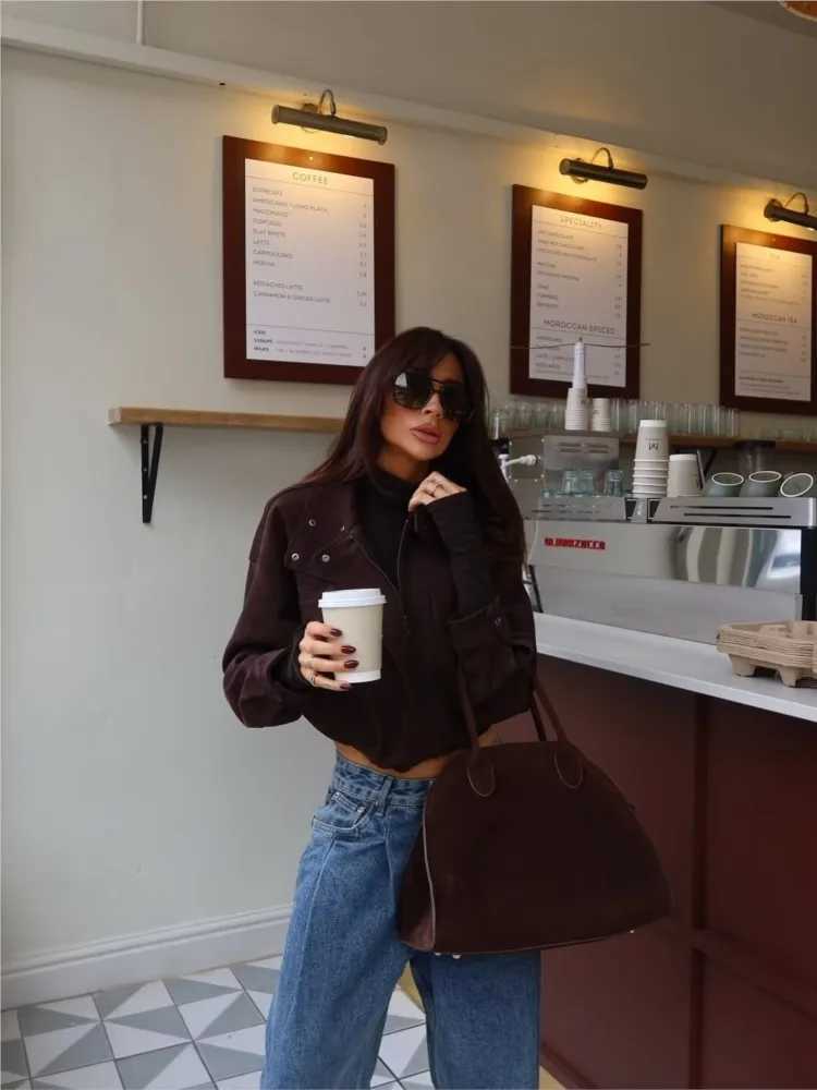 Autumn Women Faux Suede Jacket with Zipper Simple High Collar Elegant Lady Warm Oversize Coats Chic Female Tops J251103