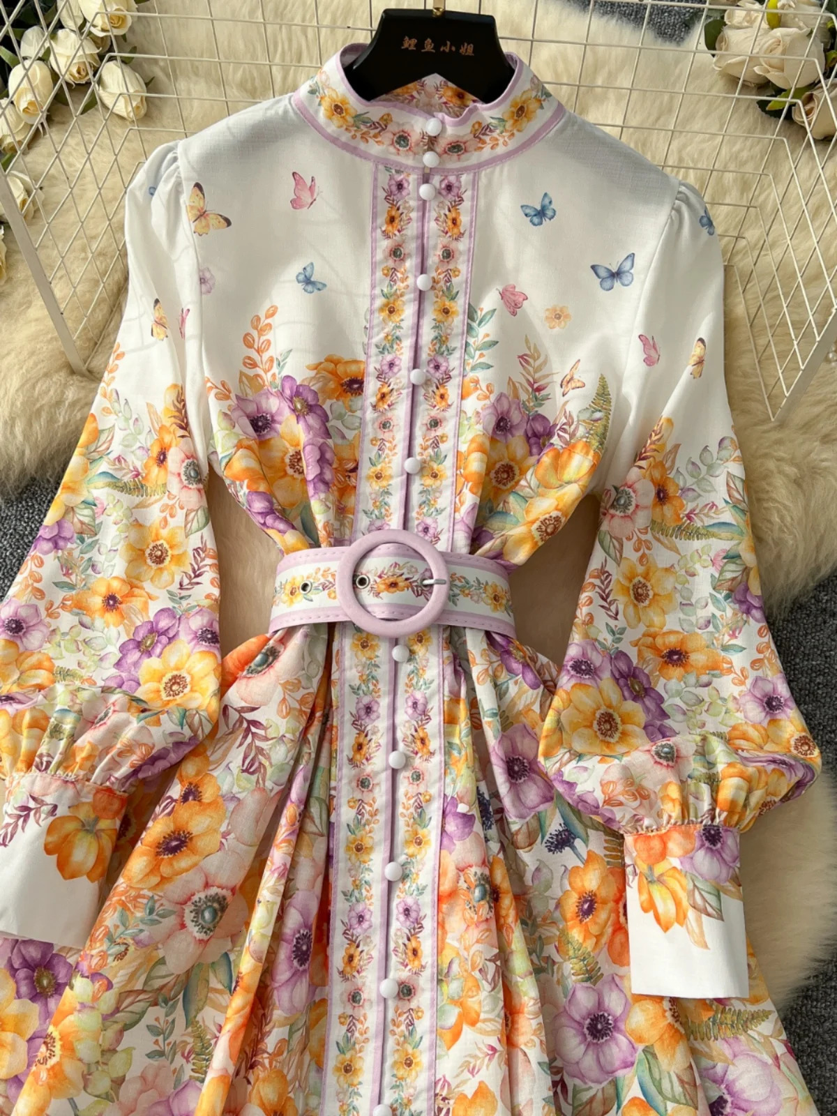 American Vintage Single Breasted Floral Short Dress Women Spring/summer Stand Collar Long Sleeve Elegant Shirt Mini Dresses 250403