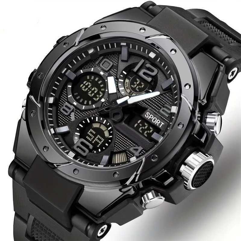 Rugged Dual Display Mens Sports Watch - Automatic Quartz Digital Black Alloy Case TPU Strap Chronograph Alarm MultifuncT251104
