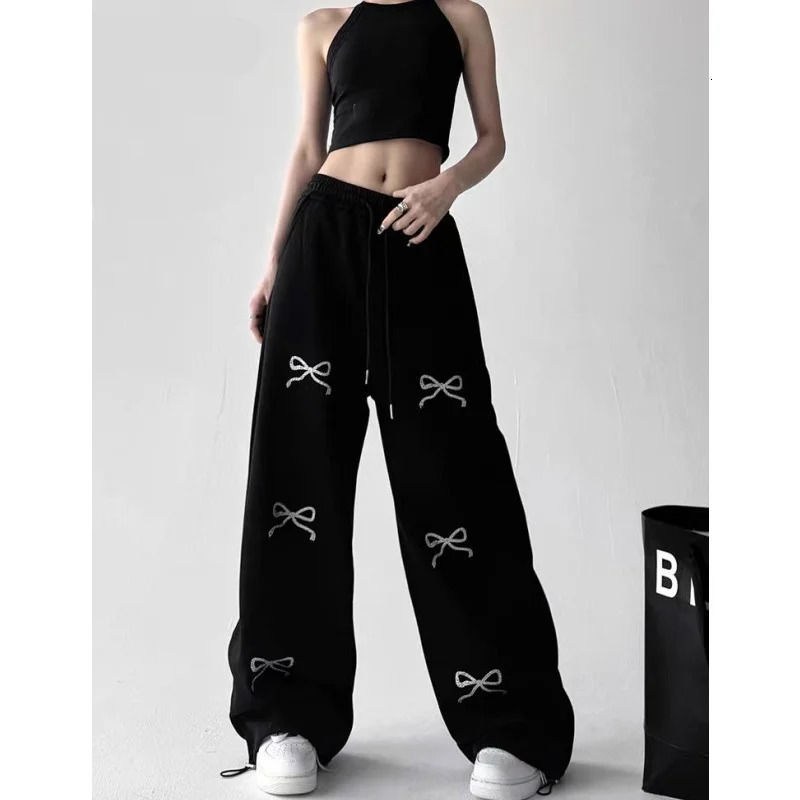 Bow Tie Print Young Casual Pants Korean Sweet High Waist Pajamas for Women Summer 2025 Wide Leg Trousers Woman Z260314