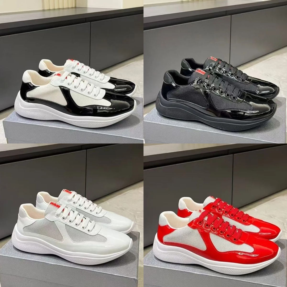 Designer Americas Cup Sneakers Leater Trainers Casual Shoes Patent Matte Leather Black Blue Mesh Nylon Lace-Up Outdoor Men Women Sneakers Size 35-47