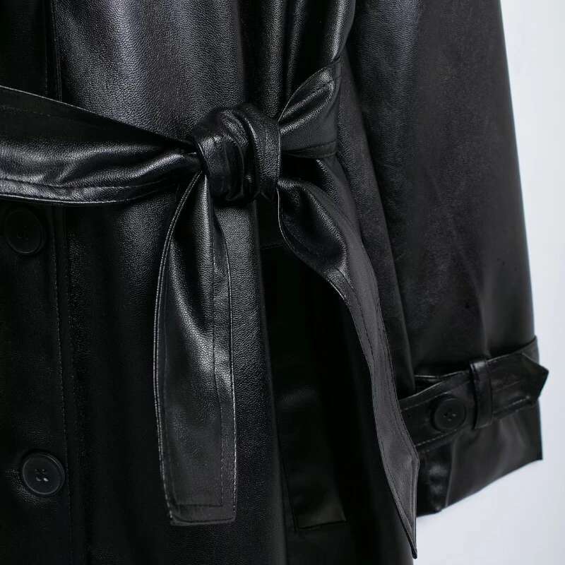 Spliced Lapel Women's Windbreaker Long Slim PU Leather Jacket With Belt Single Breasted Trenchcoat Spring Autumn Fashion Jackets