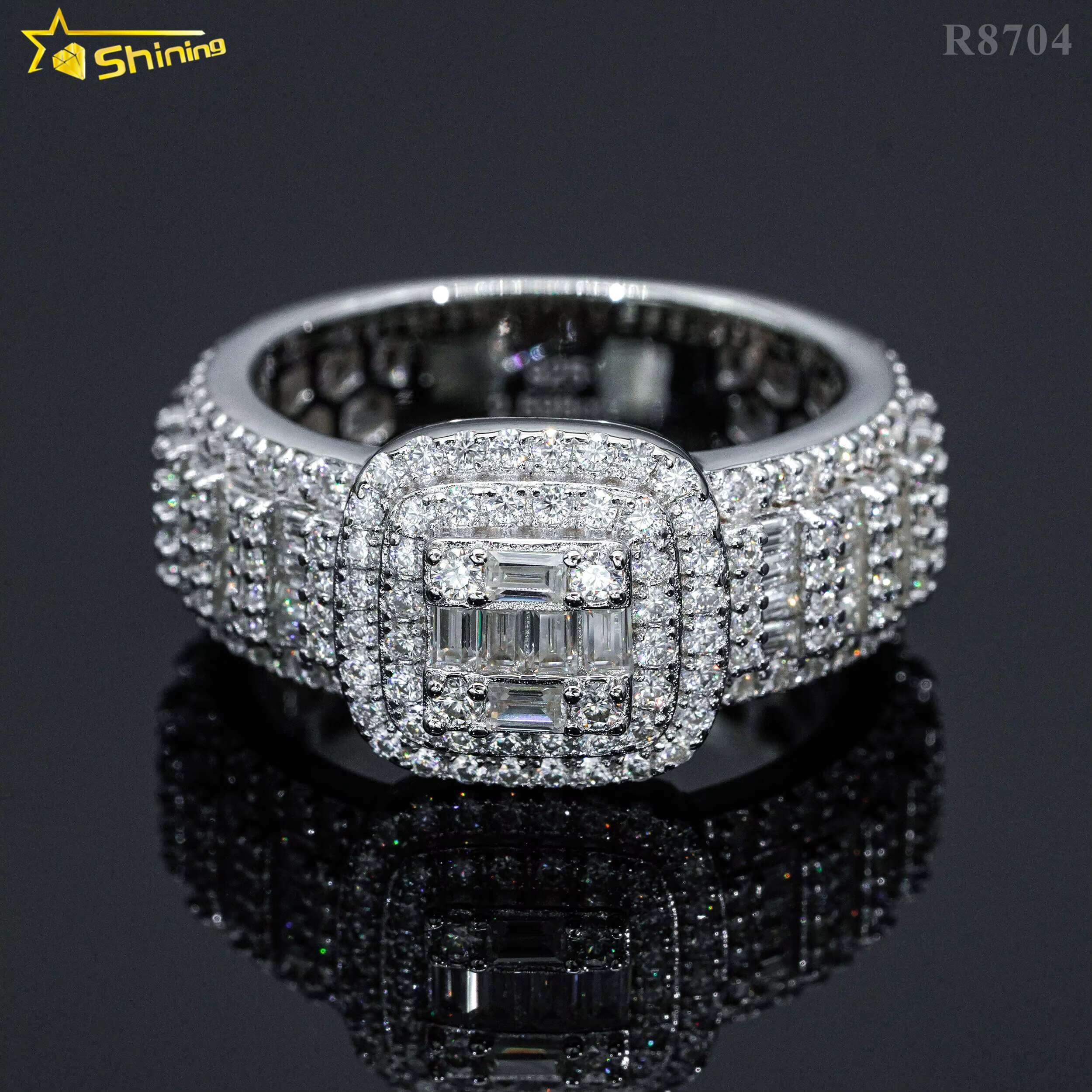 Hip Hop Jewelry Gold Plated 925 Silver Luxury Mens Ring baguette Moissanite Diamond Iced Out Rings