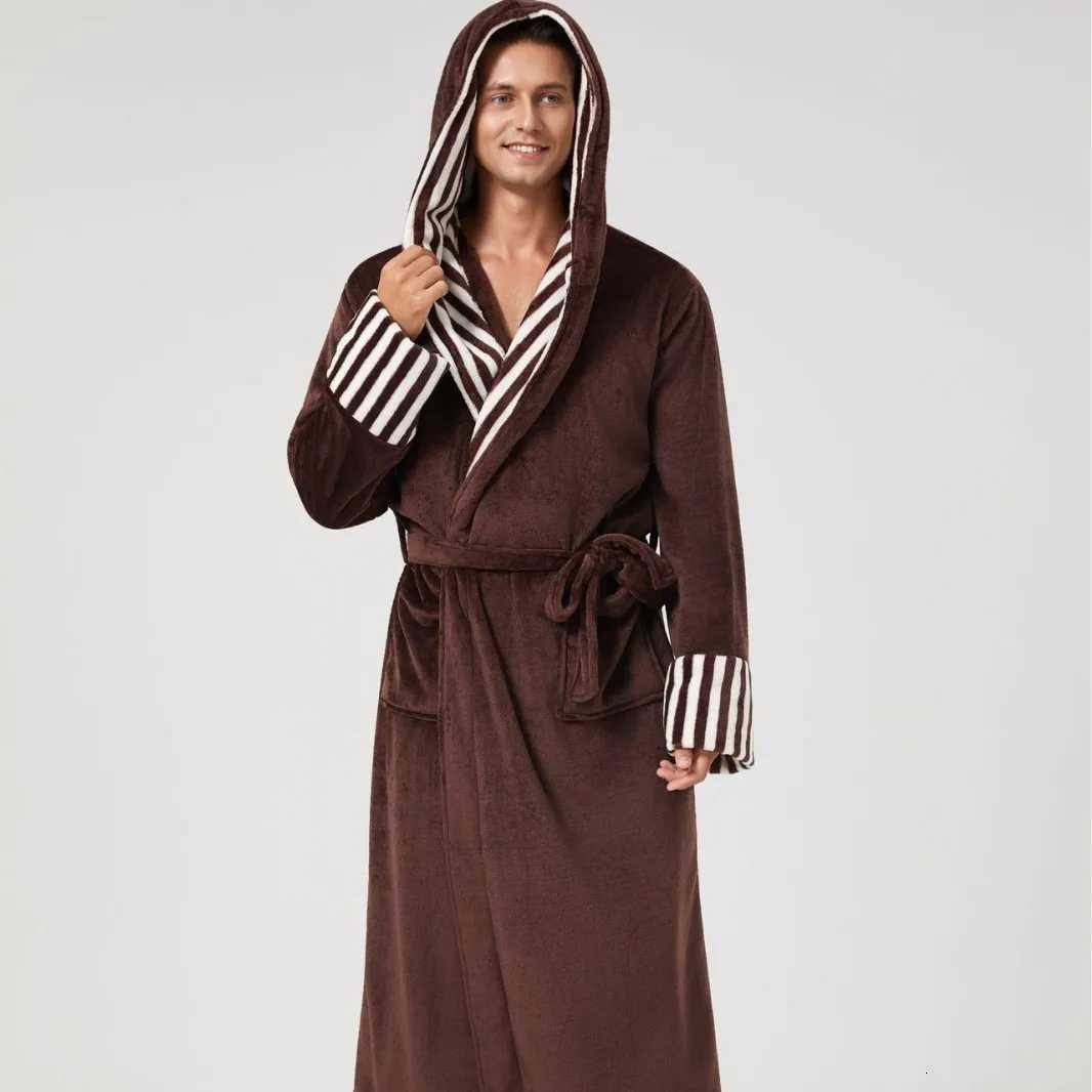 Autumn Winter New Couple Long Robe Flannel Stripe Sleepwear Home Clothes Loose Hooded Bathrobe Nightwear Coral Fleece Loungewear C251104