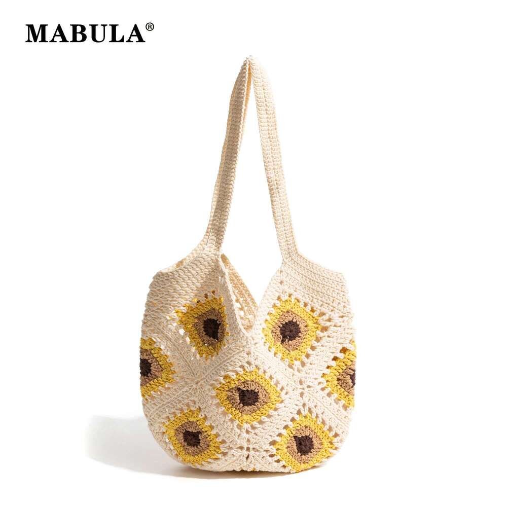 MABULA Handmade Suower Crochet Cotton Handbag Beach Tote Bag Aesthetic Knit Mesh Vacation Cute Gifts Hollow Shoulder Purse