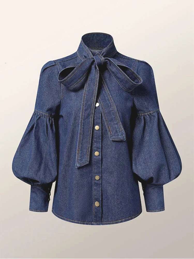 Gymystars New Trendy Imitation Denim Blouse Tops For Women Long Puff Sleeves Bow-Embellished High Neck Women's Autumn Shirts