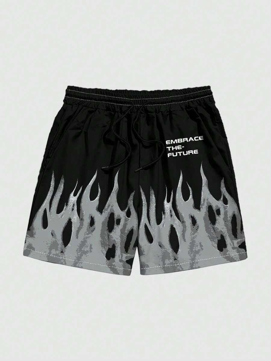 New Men's Summer Loose 3D Casual Flame Letter Printing Haruku Sports Quick Drying Shorts