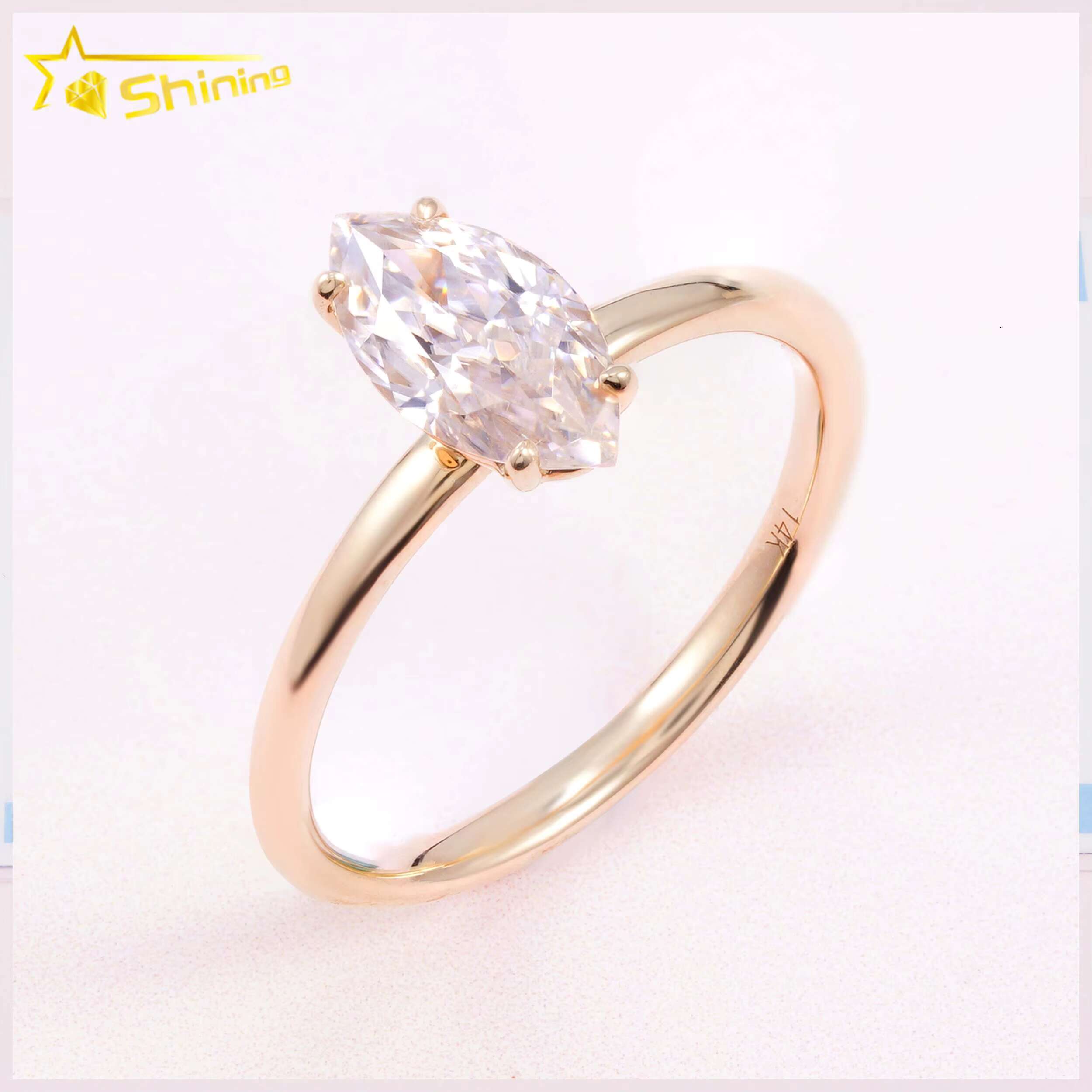 Hot Sale Lab Grown Diamond 14K Solid Yellow Gold Salitaire Marquise Cut Diamonds Plain Band Symple Design Engagement Rings
