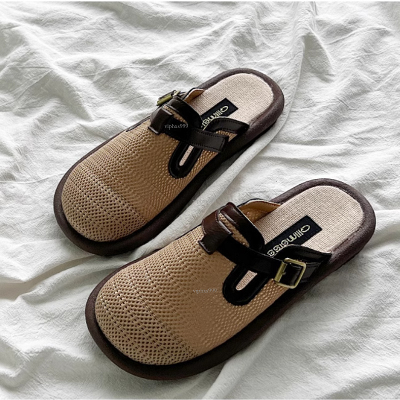 New designer sandals with free shipping Baotou Boken Half Slippers Women's Style One Step Stepping Hollow Breathable Cotton and Hemlock Mill Shoe