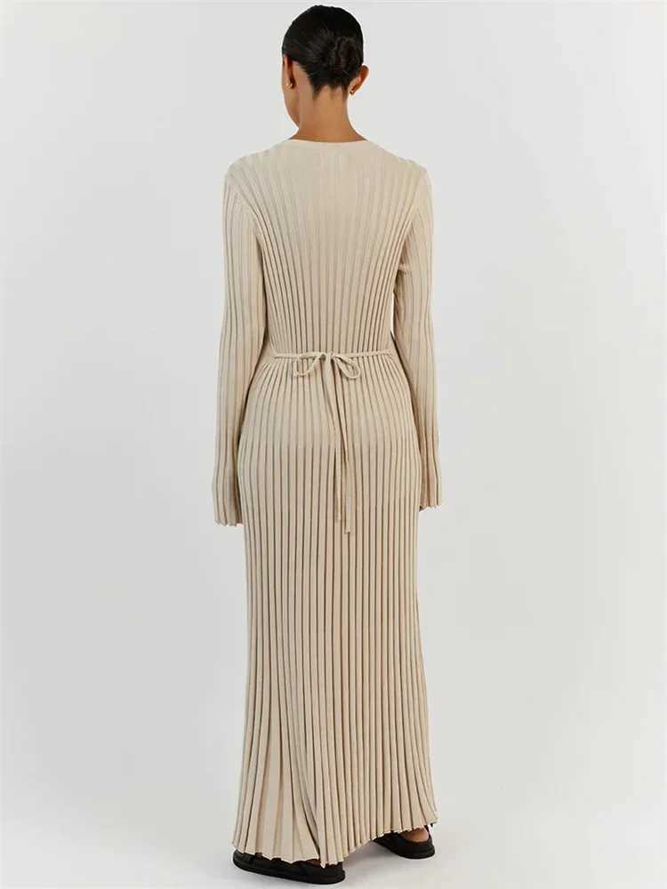 Tossy Lace-Up Female Knit Maxi Dress Autumn High Waist Fashion Patchwork Long Slve Loose Solid Dress Bandage Knitwear Dress X2504031