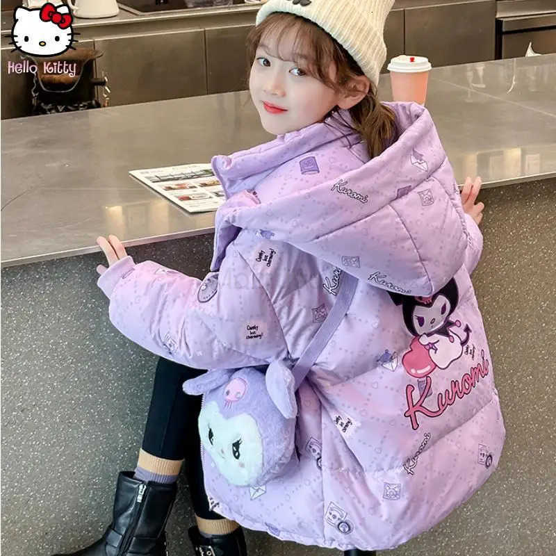 Sanrio Anime Cartoon Girls Kuromi Thickened Hooded Down Jacket Kawaii Winter New Kids Warm Cotton Jacket Customer Service Tops H251104