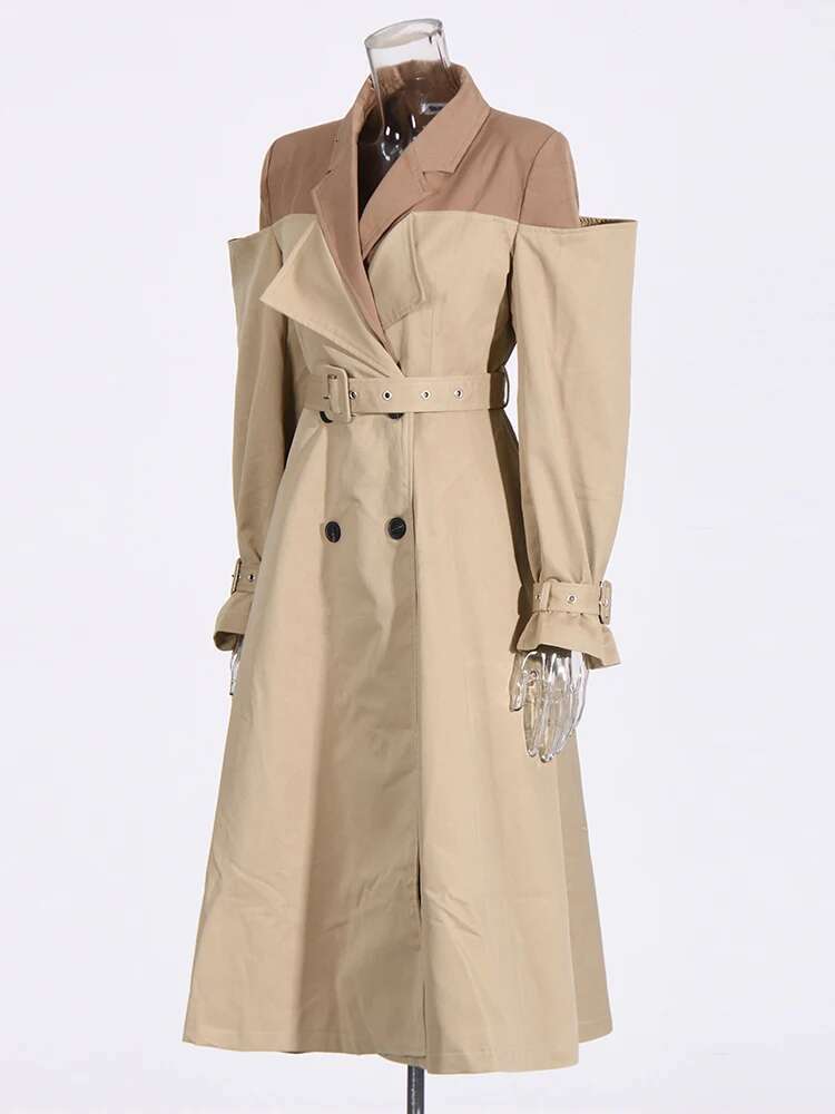 TWOTWINSTYLE Hit Color Elegant Trenches For Women Notched Collar Sleeve Patchwork Belt Long Trench Female Fashion Clothing