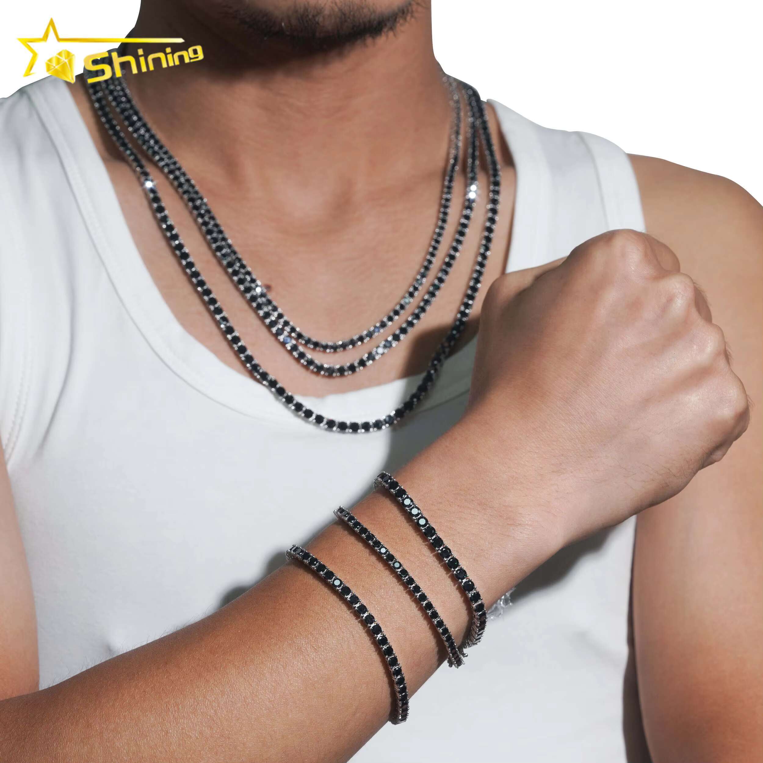 Hot Sale Black Moissanite 925 Sterling Silver Pass Diamond Tester GRA Certified Tennis Chain Ready to Ship