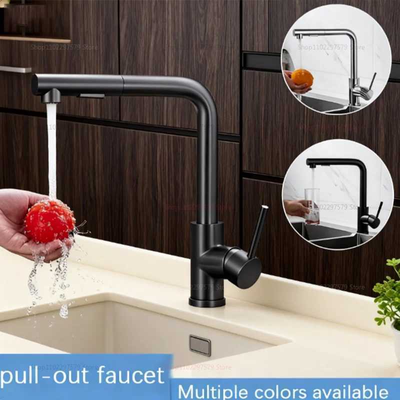 Black and Silver Pl Out Kitchen Faucet with Telescopic Spout Dual Spray Mode Stainless Steel Hot Cold Water Faucet for Kitchen Y251104