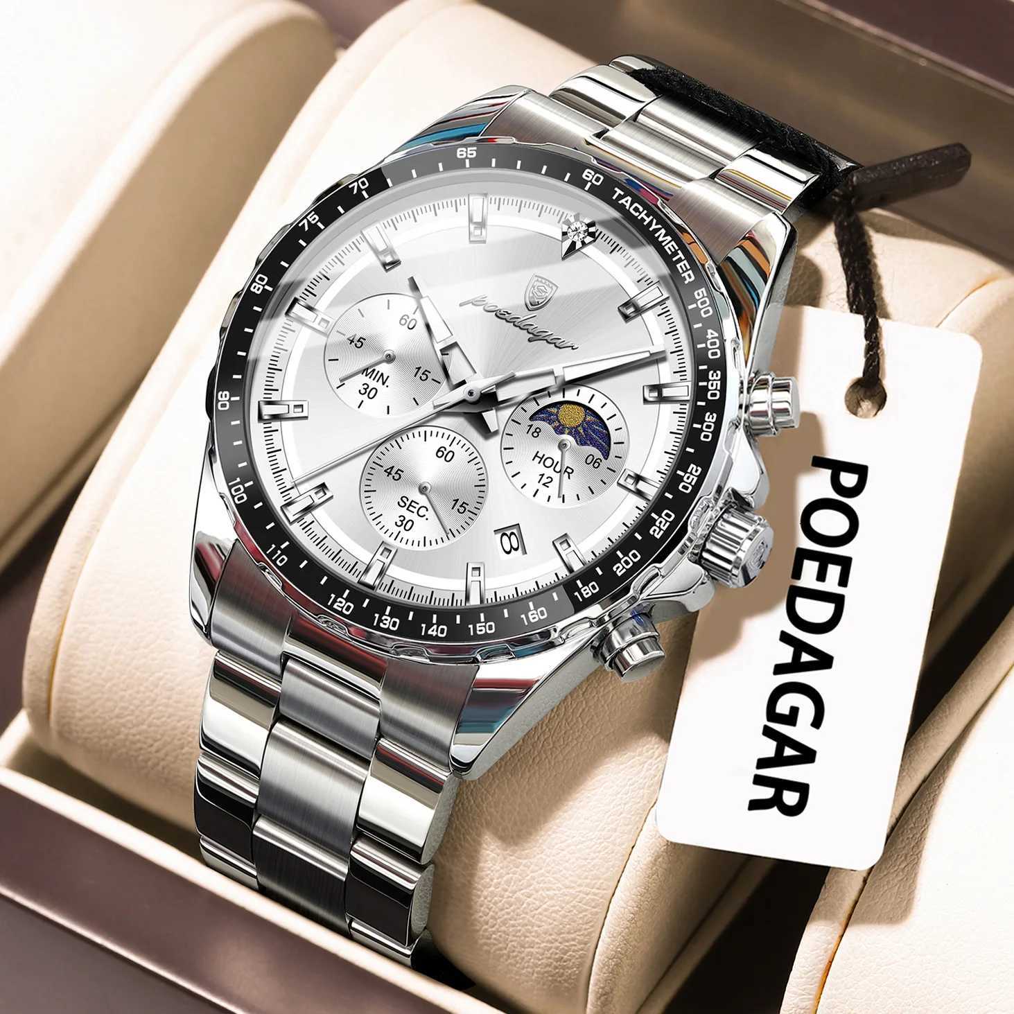 POEDAGAR Fashion Brand Man Wristwatch Waterproof Stainless Steel Luminous Men Watch Chronograph Date Luxury Quartz Mens WatchesT251104