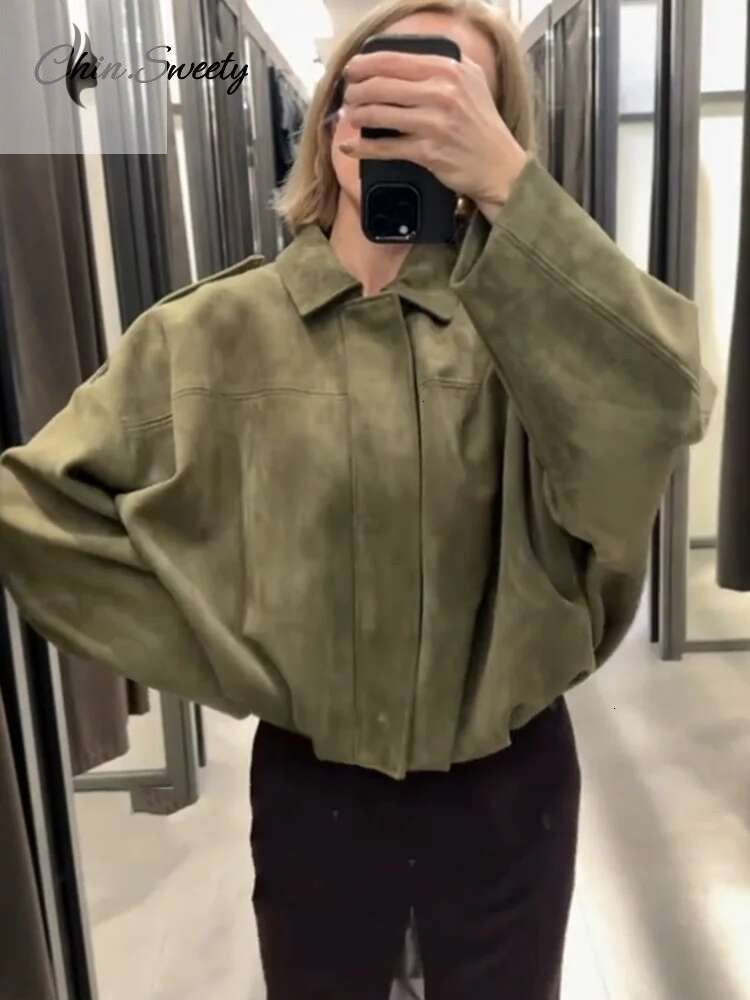 hoodie hoodie hoodie Brown Green Suede Jacket Women Lapel Zipper Long Sleeve Pockets Bomber Coat 2025 Spring Autumn Lady Loose Motorcycle Outwears jac