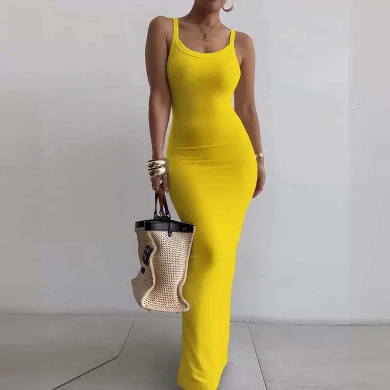 Casual Suspender Knitted Dress Women Slit Slim Design Long Dress Fashion Solid Color Strt Robe Dresses Vacation Wear 2024 New X2504031