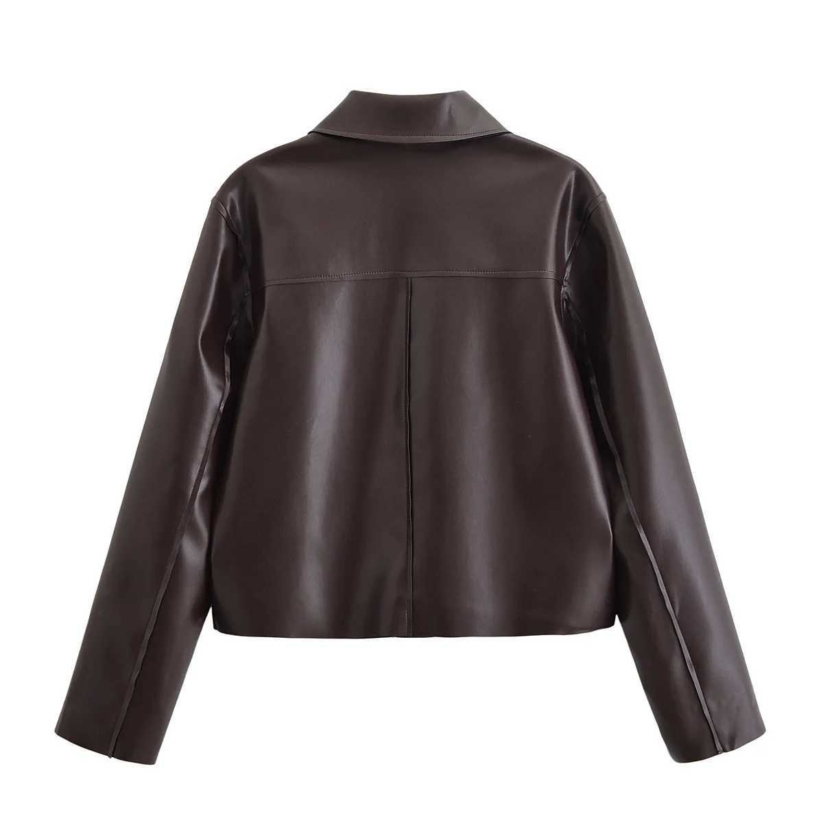 Woman Cropped Faux Leather Jacket Retro Lapel Singlebreasted Pocket Solid Color Long Sleeved Coat Early Autumn Female Top J251103