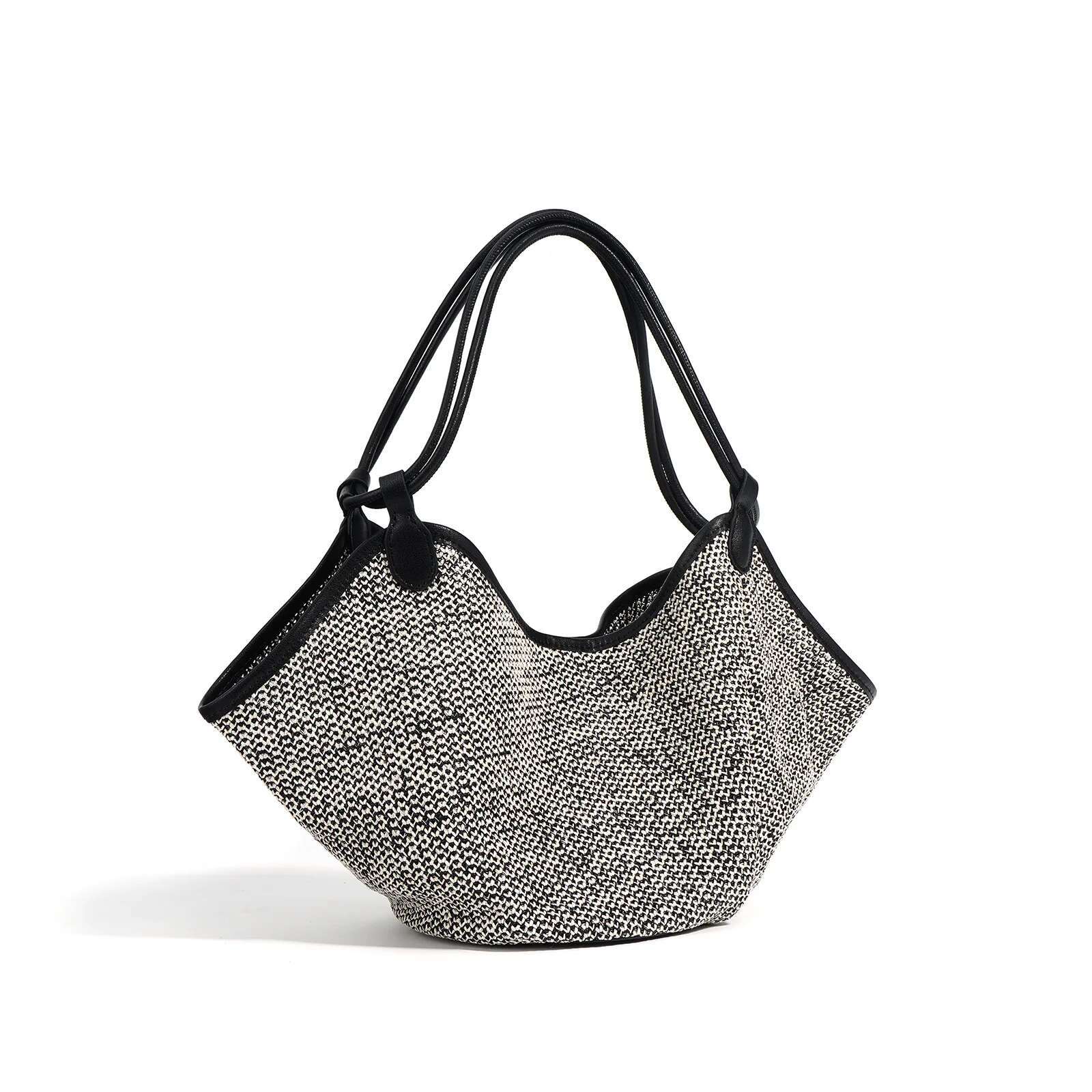 French Knitted Vegetable Basket 2025 Niche Design Summer Vacation Beach Bag Large Capacity Cowhide Splicing Hand Tote Baa