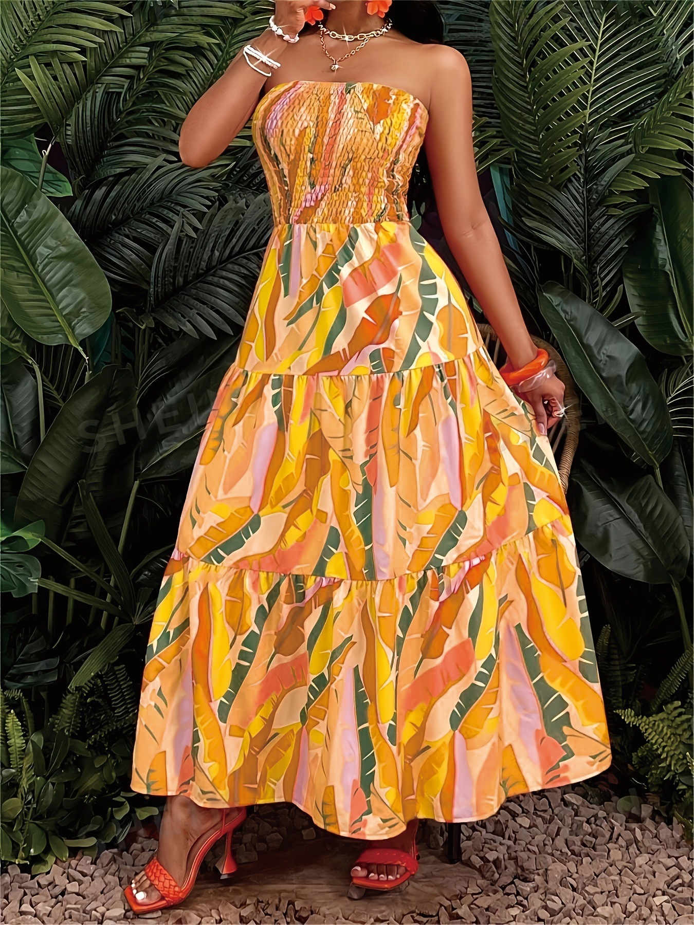 2025 Womens Vacation Storm West Asia Long Printed Chest Wrapping Big Swing Dress