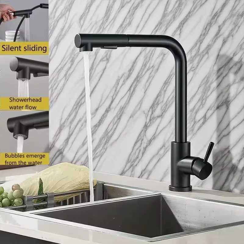 Black and Silver Pl Out Kitchen Faucet with Telescopic Spout Dual Spray Mode Stainless Steel Hot Cold Water Faucet for Kitchen Y251104