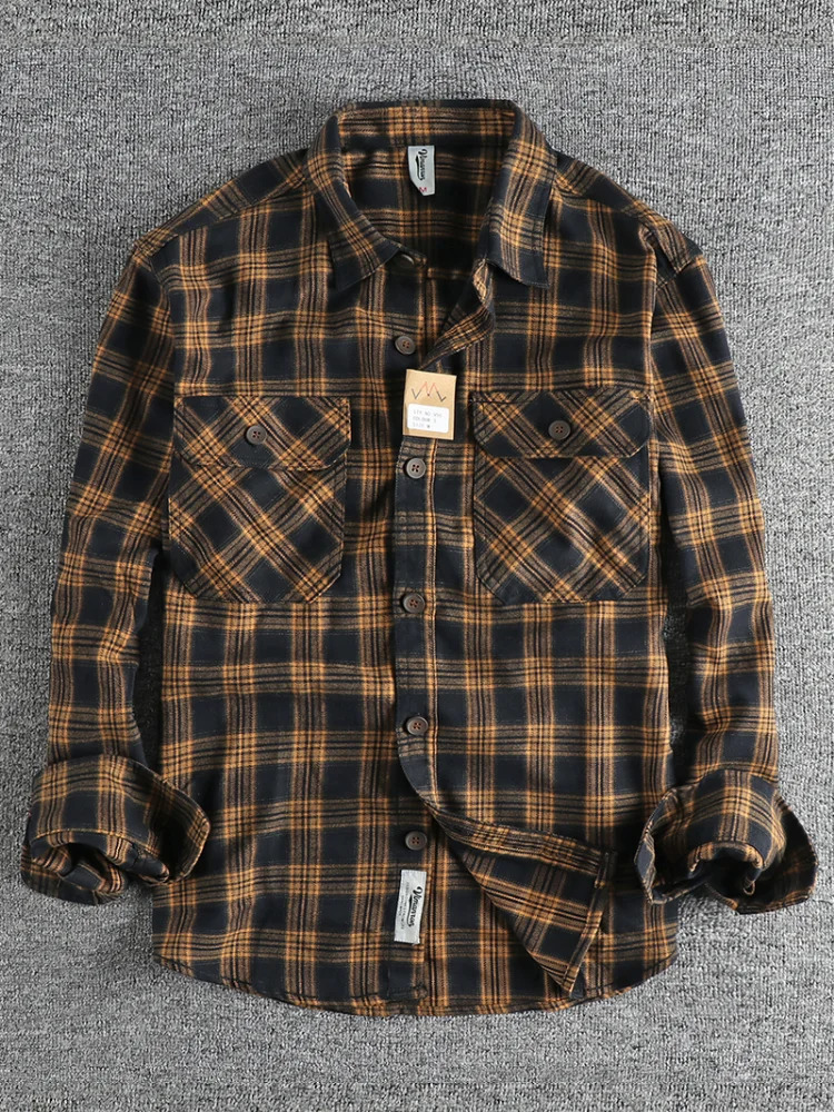 Autumn American Retro Long Sleeve Collar Plain Shirt Mens Fashion 100% Cotton Wash Double Pocket Casual Youth Top 250403