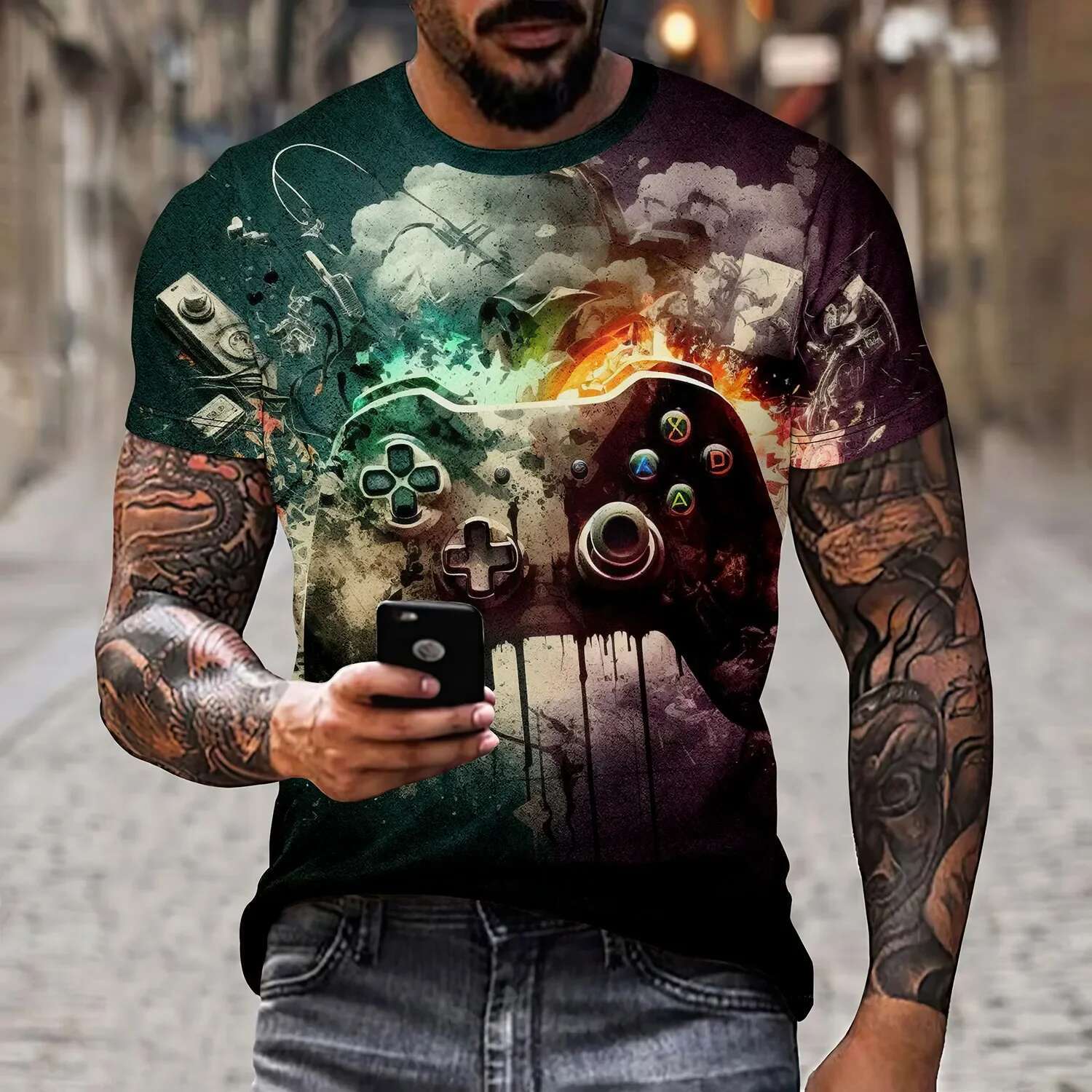 Men's artistic color entertainment game controller pattern e splicing T-shirt 3D printed casual short sleeved fashionable top