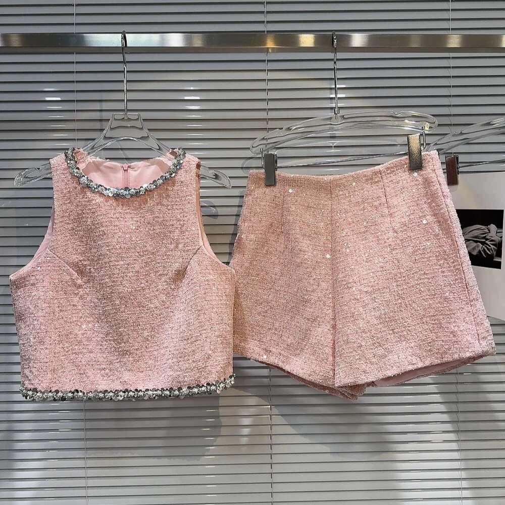 PREPOMP 2024 Summer New Arrival Sleeveless Sier Sequins Embroidered Beadings Vest Tweed Shorts Two Piece Set Outfits Gr649