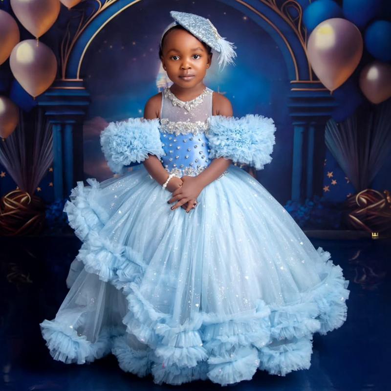2025 Aso Ebi Blue Flower Girl Dresses Children Birthday Dress Illusion Sheer Neck Rhinestones Beaded Lace Tiered Tulle Princess Queen Ball Gown For Ma