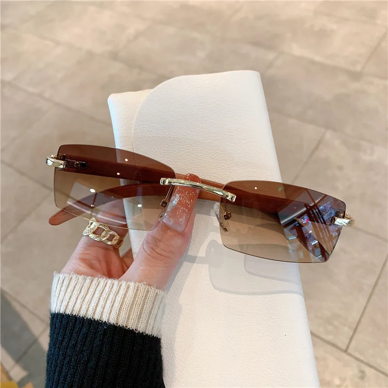 KAMMPT frameless sunglasses for men and women with wooden patterns retro fashionable lenses UV400 travel outdoor 250325