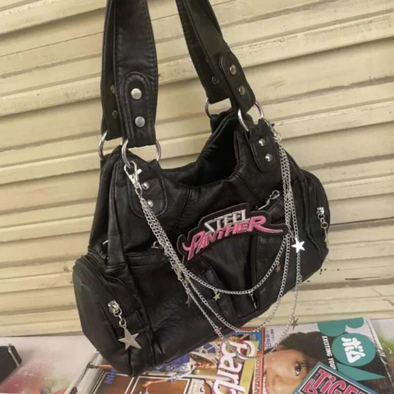 HAEX Y2k Vintage Women Bag 2023 Trend Large Capacity Multi Pockets Chains Tote Bags Female Punk Moto Style Shoulder Bolso Mujer