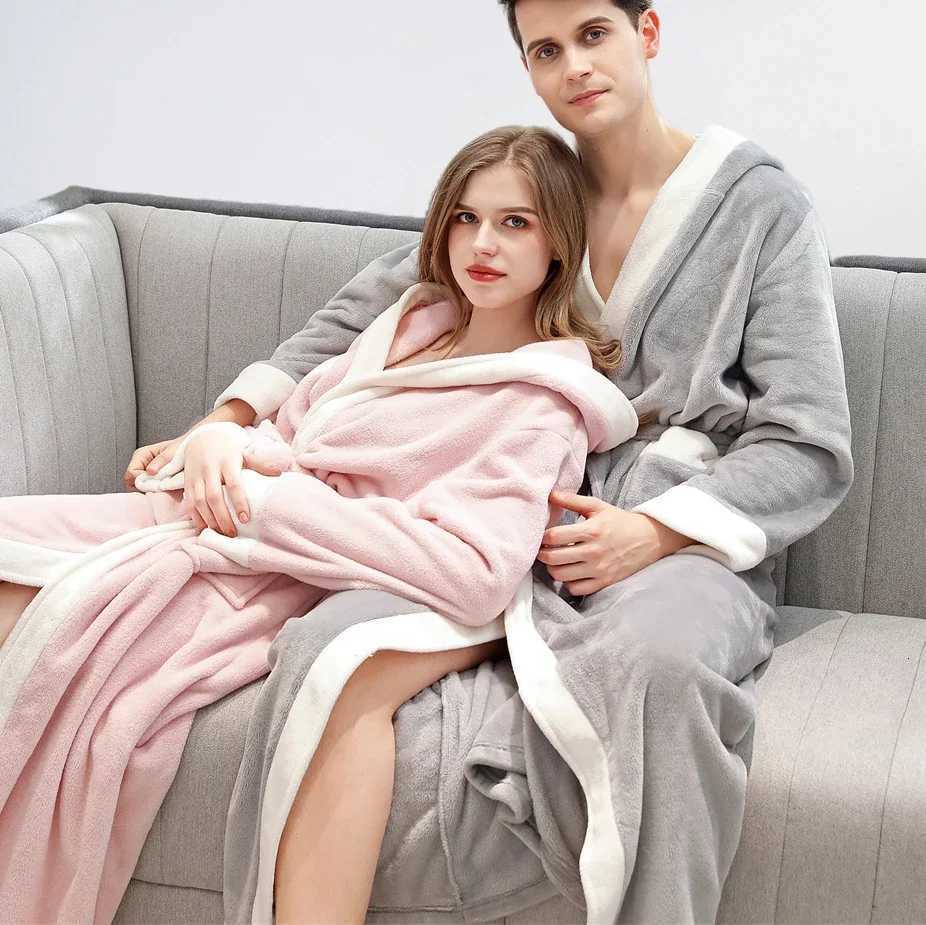 Autumn Winter Flannel Long Bathrobe Kimono Gown Thicken Warm Hooded Robe Home Dress Loose Casual Couple Sleepwear Lounge Wear C251104