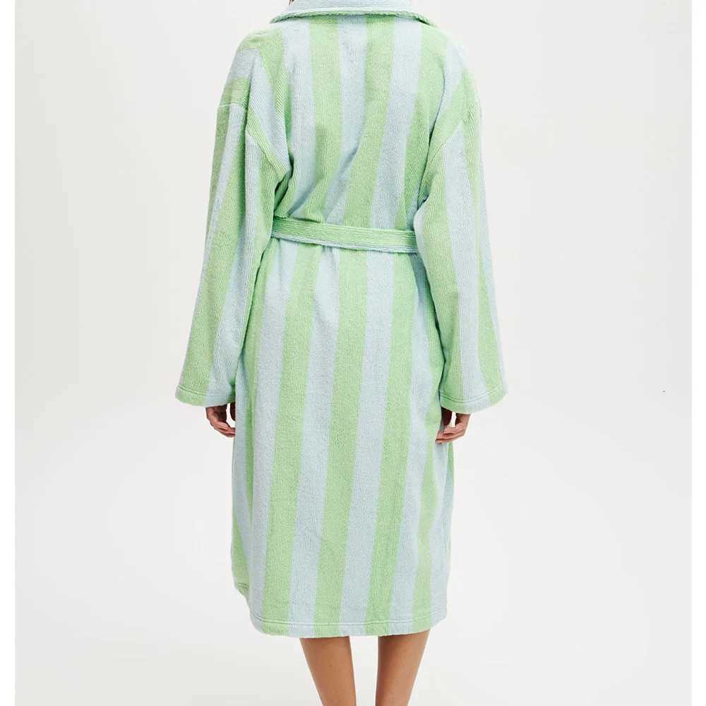 Womens Autumn Winter Shawl Robe Plush Striped Bathrobe with Pockets Long Sleeve Knee Length Nightgown Sleepwear Robes Loungewear C251104