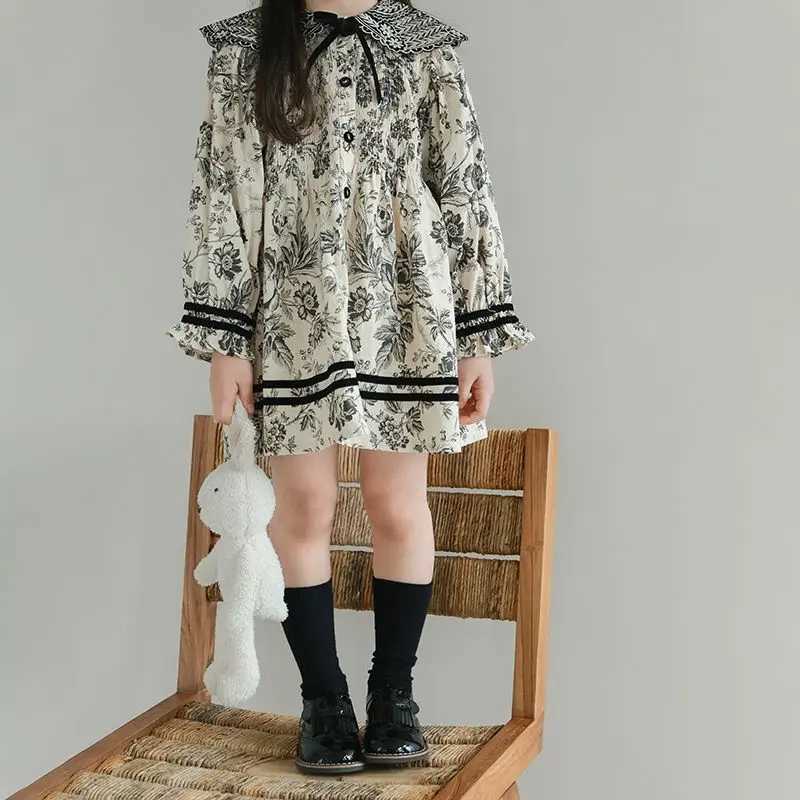 Girls Spring Autumn Dress Embroidered Floral Fashionable Long Sleeve Dress Stylish Peter Pan Collar Autumn Dress C251104
