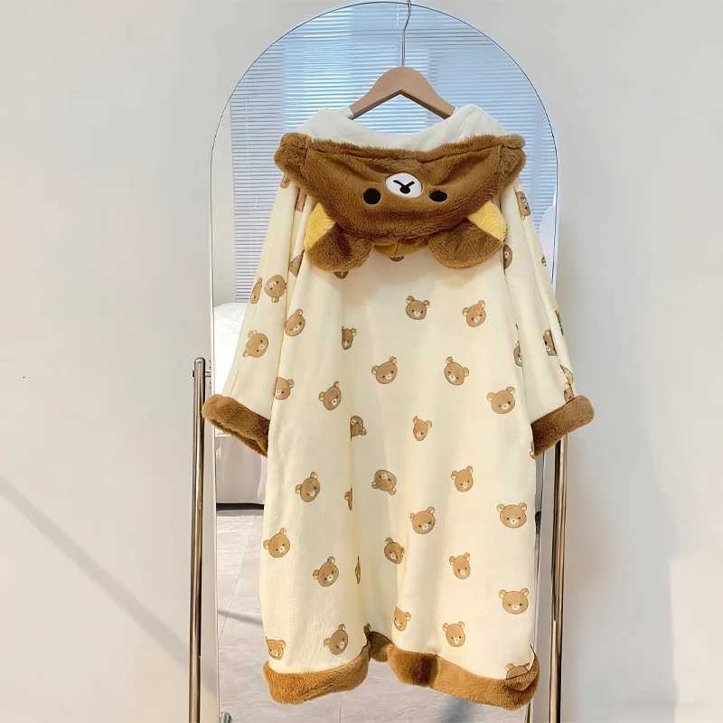 Fashion Cute Rilakkuma Cartoon Thick Robe Coral Flannel Hooded Pajamas Soft Comfortable Warm Autumn Winter Home Clothes Practical Gifts Y251104