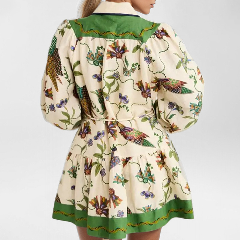 2025 New Ethnic Style Dress with Lace up Long Sleeve Positioning Totem Splicing Multi Button Dress