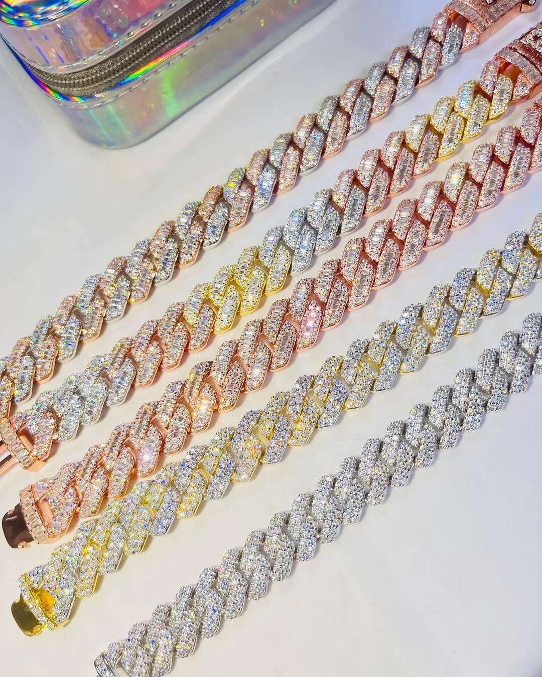 Fashion Gold Plated S Sterling Sier Dia Moissanite Links Iced Out Cuban Chain Necklace
