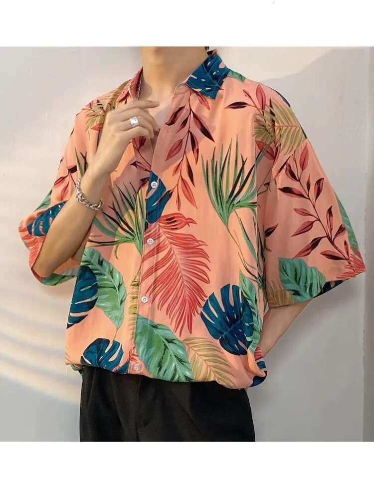 Hawaiian Shirt Men's summer casual fashion short sleeve button-down lapel shirt Beach Palm print loose top