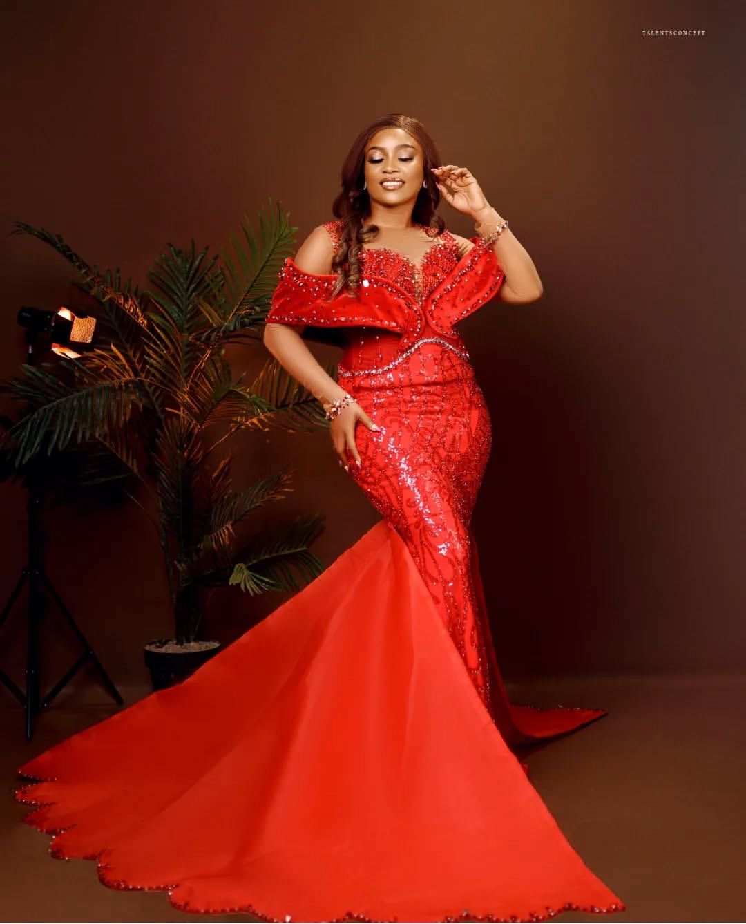 Plus Size Red Mermaid Evening Dresses Elegant Off Shoulder Sequined Prom Dress Women Formal Party Second Birthday Engagement Gowns N19 B0312