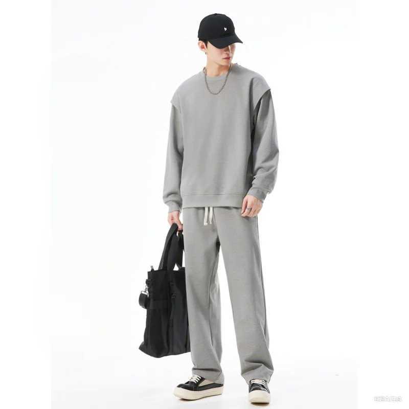 Mens Soft Casual Tracksuit Solid Color Athletic Set Spring Autumn Sportswear Round Neck Loose Fit Comfortable Outfit J251104