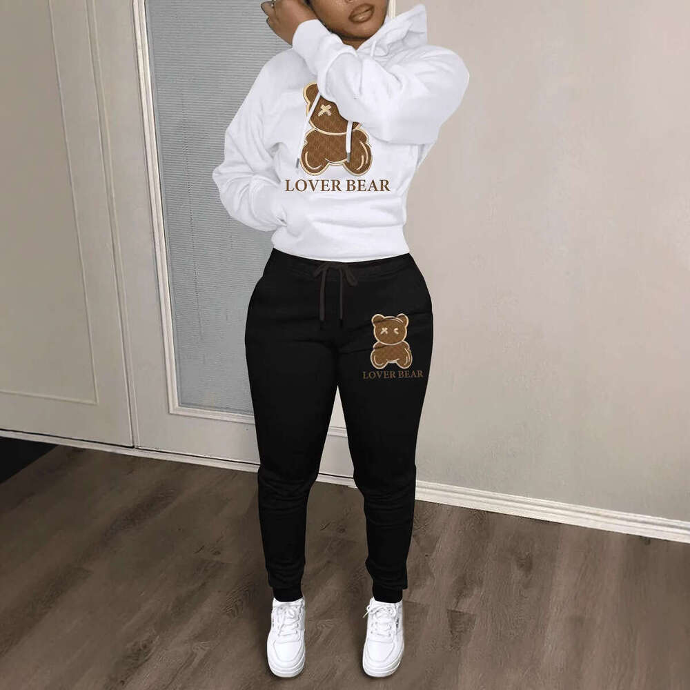 New casual hooded sweatshirt set with trendy bear head printed sweatpants set, European size sweatshirt, 2025 new style, chic and elegant clothing