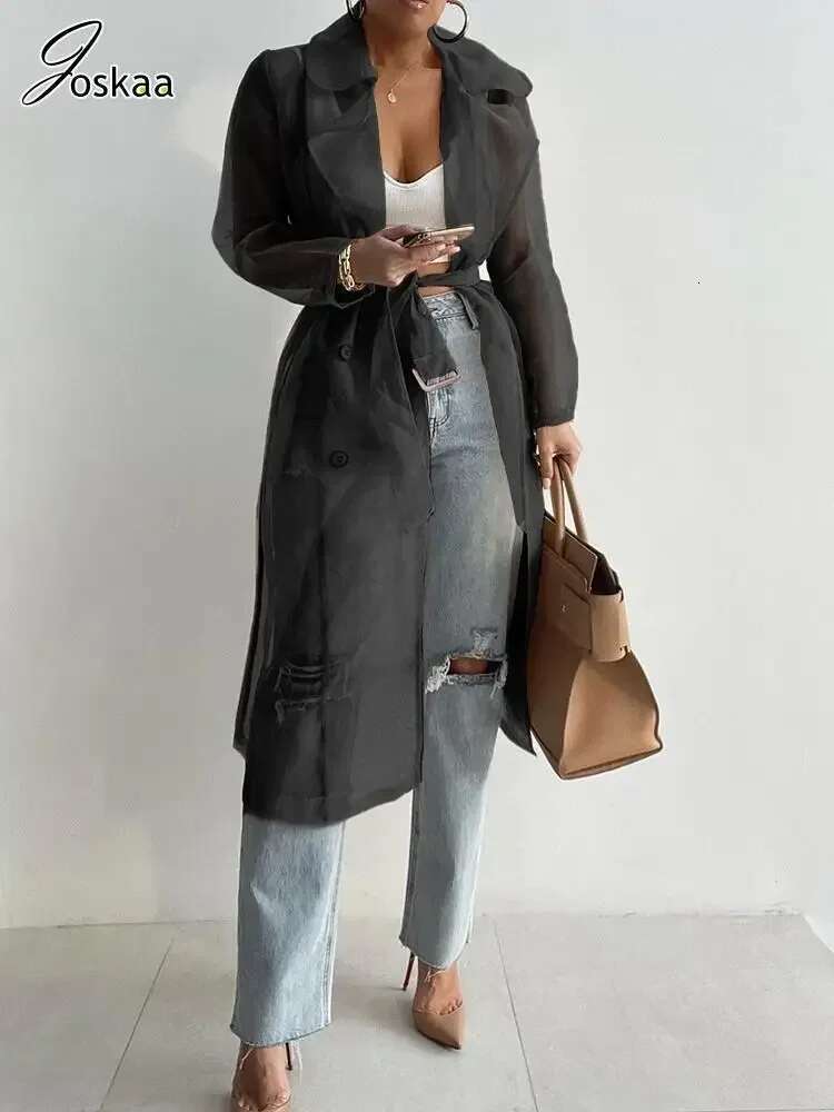 Joskaa Solid Organza See Through Lapel Full Sleeve Trench 2023 Summer Women Fashion Buttoned Coat With Belt Elegant Shirts