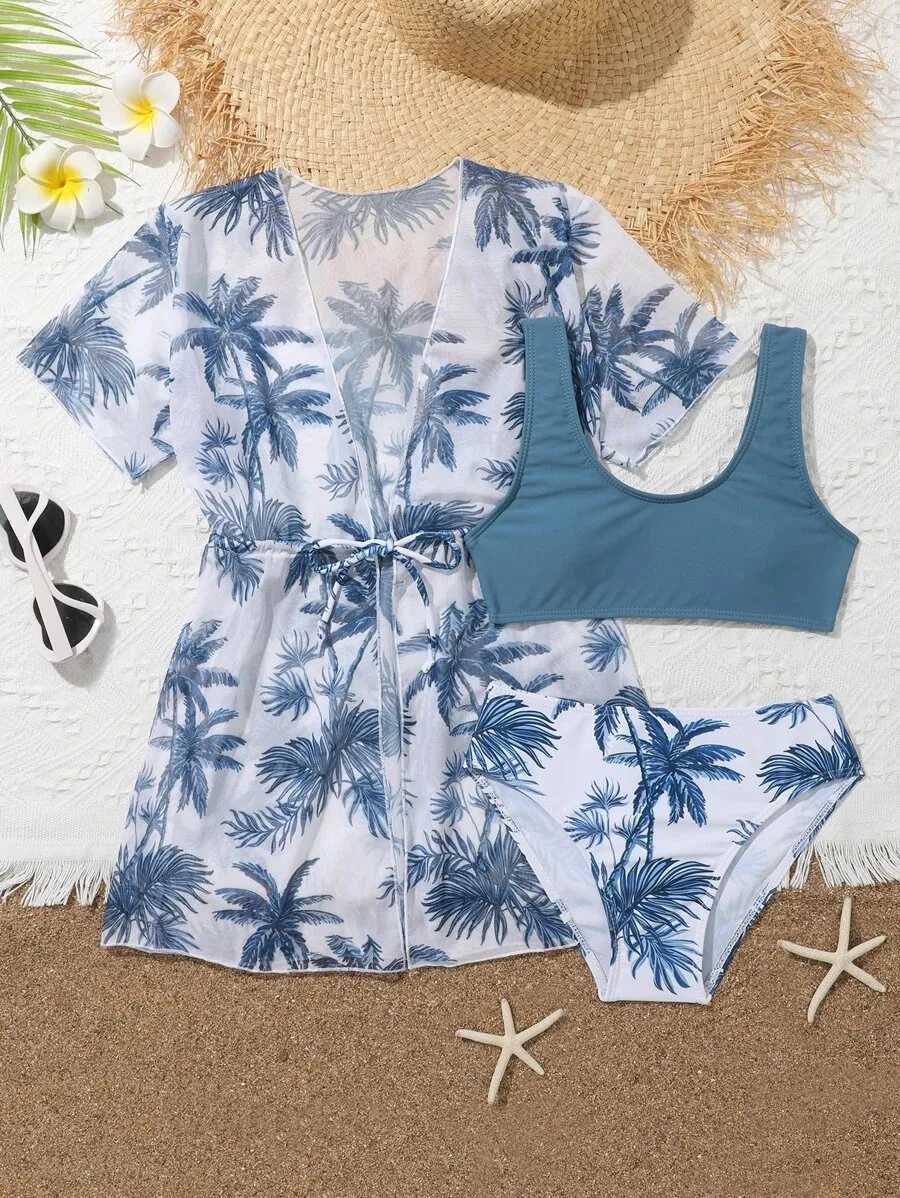 3 printed bikinis 2025 kimono childrens womens bathroom swimsuit beachwear J250403